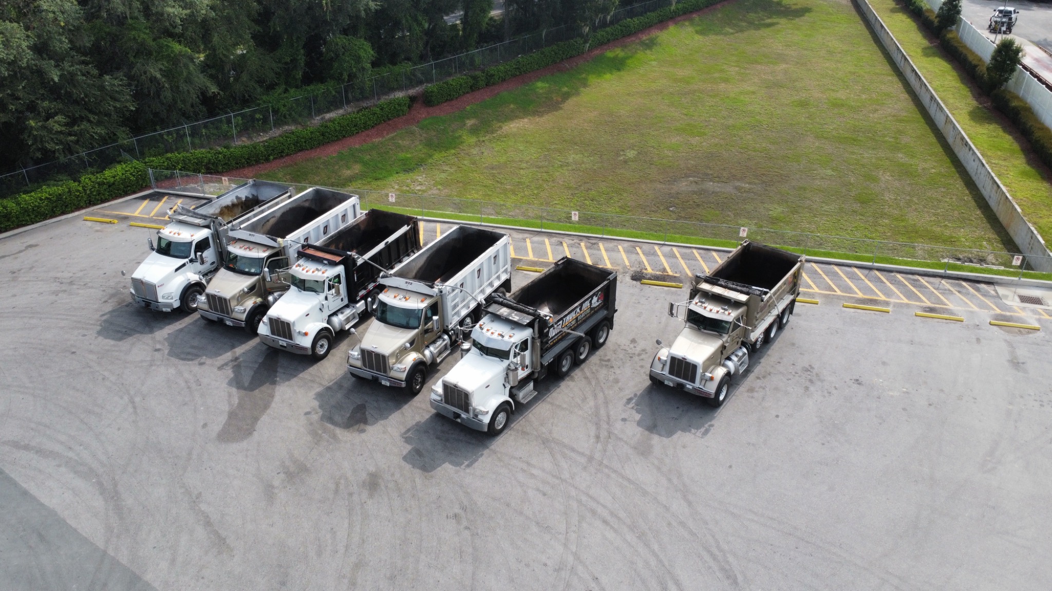Fleet of dump trucks staged in a yard